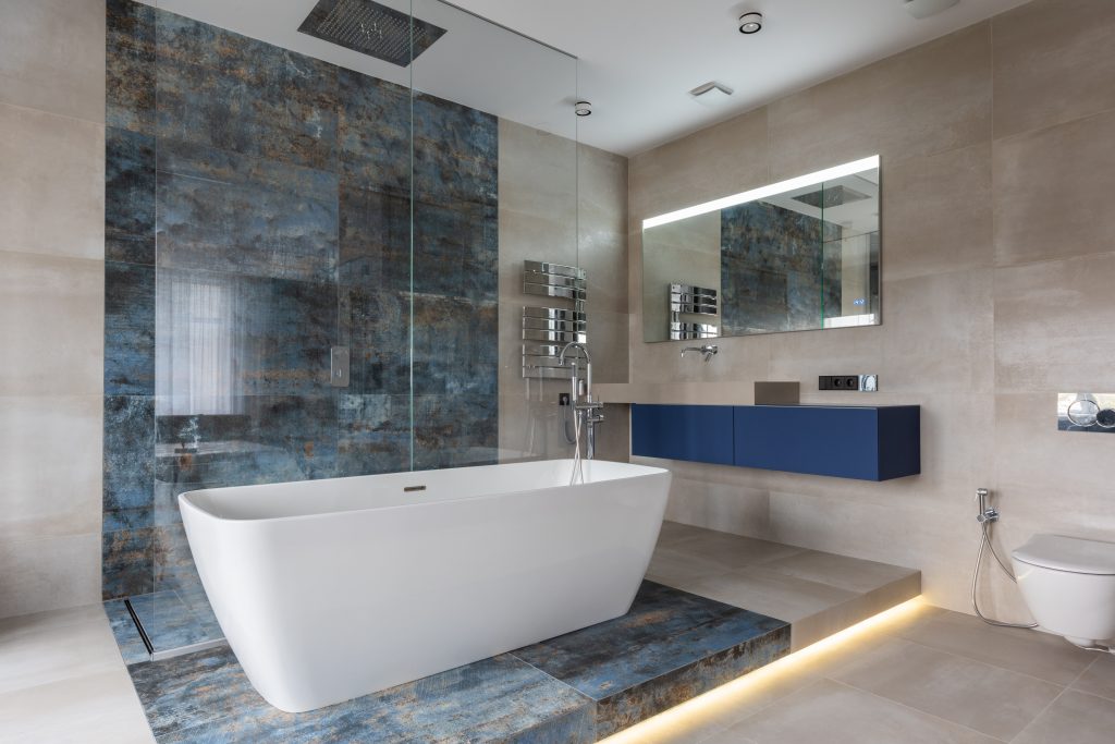 Bathroom wall with blue tiles, Best tile for shower walls 