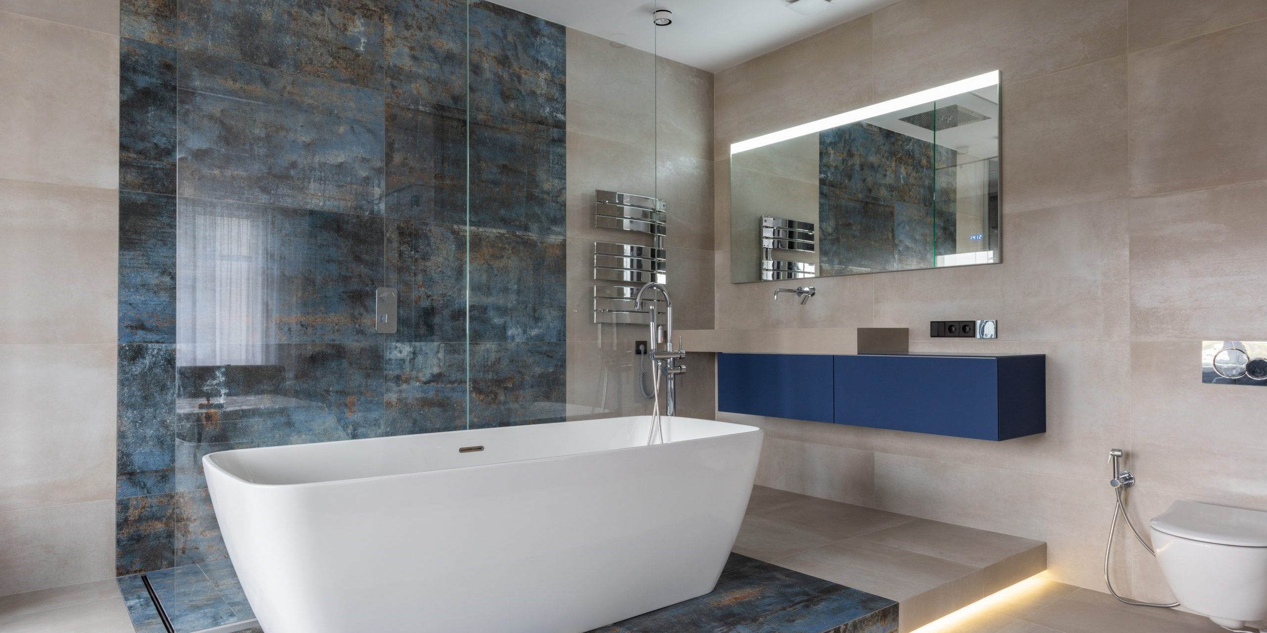 Bathroom wall with blue tiles, Best tile for shower walls